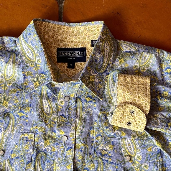 Panhandle Select Blue Paisley Contrast Cuff Pearl Snap Business shirt mens Sz XL - Picture 1 of 8